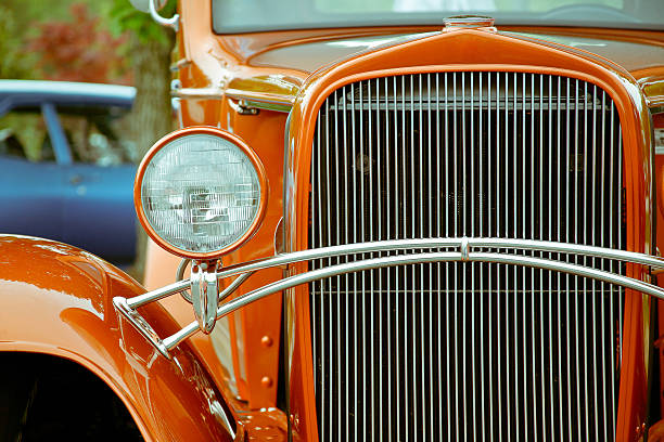 Truro, Nova Scotia, Canada - May 21, 2006 : 1932 Plymouth 3 window  hot rod  coupe with painted flames at local car show in Truro, Nova Scotia.