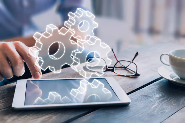Business process management automation concept, internet and ERP technology, gears