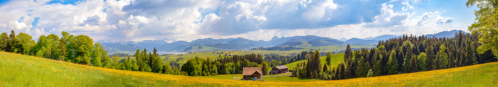 Springtime in Central Switzerland is just beautiful! \n\nThe panorama was taken from South part of a hill called Etzel, 1112m (3649ft) \n\n47°10'29.519\
