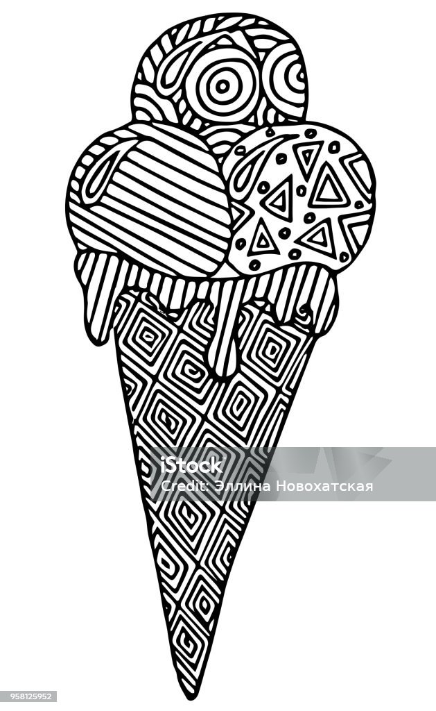 Cartoon black line ice cream in waffle with geometrical ornament Cartoon black line ice cream in waffle with geometrical ornament. Coloring page book. Abstract stock vector