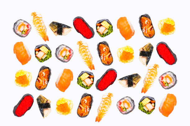 istock Top view, Sushi Set sashimi and sushi rolls served isolated white background. Copy space for your text. 958126736