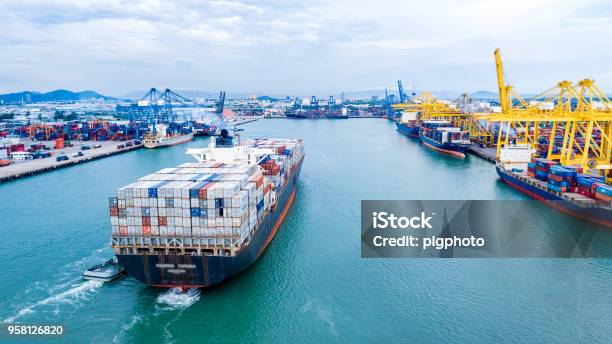 Cargo Ship In The Sea Stock Photo - Download Image Now - Container Ship, Sea, Freight Transportation