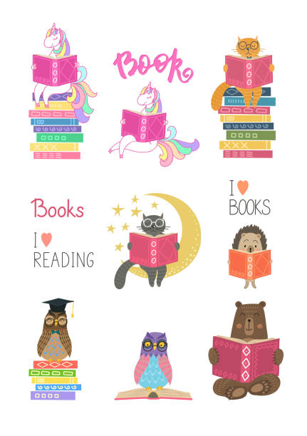 набор книг по чтению животных - text animal owl icon set stock illustrations