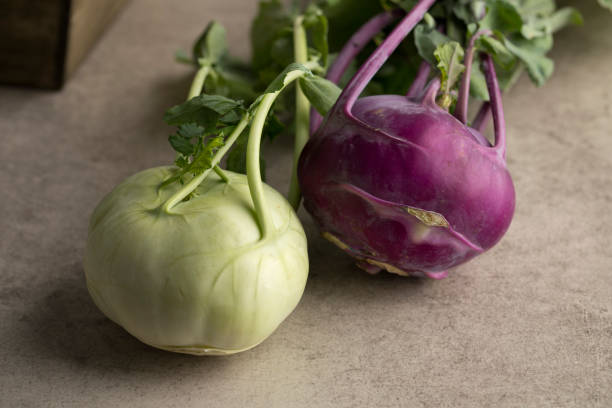 fresh green and purple kohlrabi - kohlrabi turnip kohlrabies cabbage imagens e fotografias de stock