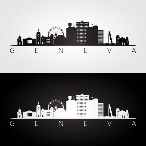 ilustraciones, imágenes clip art, dibujos animados e iconos de stock de silueta de horizonte y puntos de referencia de geneva, diseño blanco y negro, vector de ilustración. - ginebra