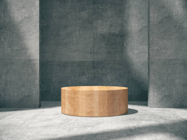 istock Wooden pedestal for display,Platform for design,Blank product stand with concrete empty room.3D rendering. 958147034