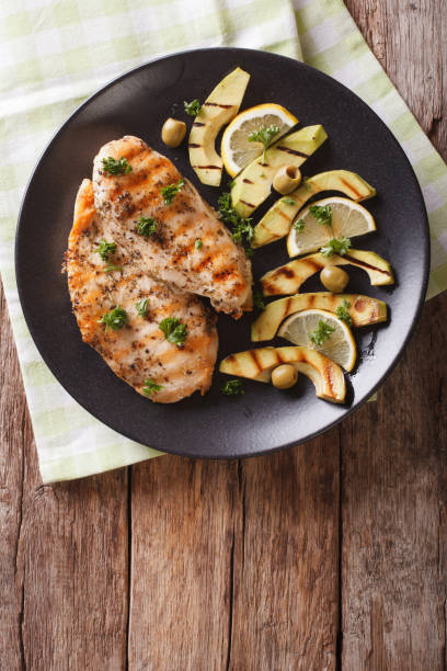 istock Grilled chicken breast with avocado, lemon and olive close-up. Vertical top view 958150456