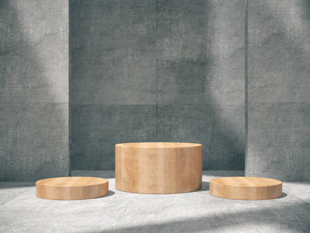 istock Wooden pedestal for display,Platform for design,Blank product stand with concrete empty room.3D rendering. 958150476