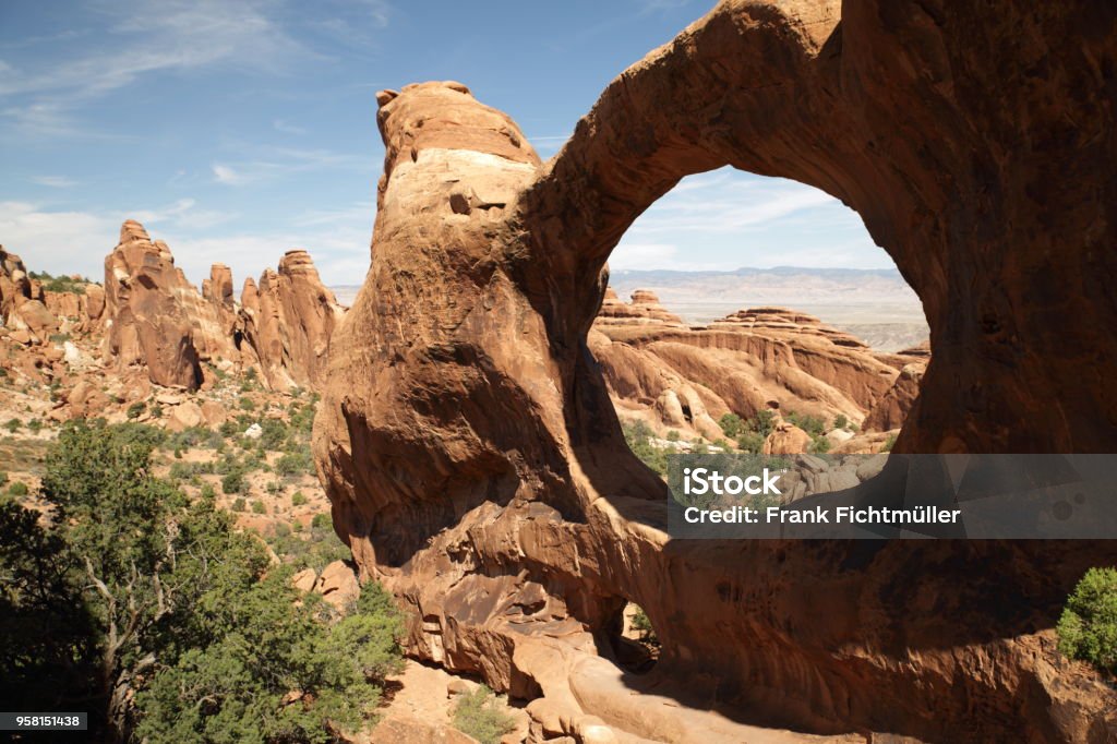 Double O Arch, located in the Arches National Park, Moab, Utah Eroded Stock Photo