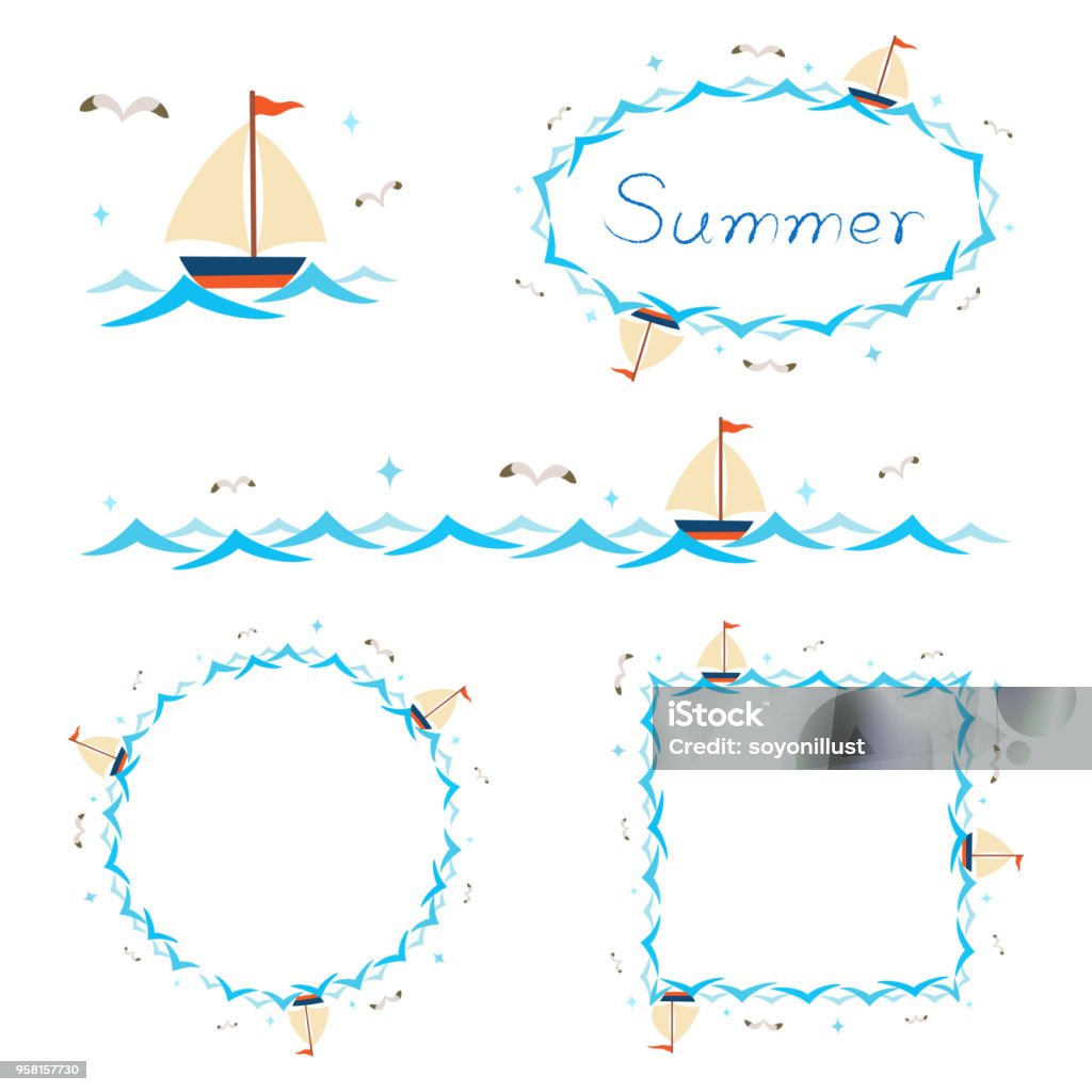 여름 해변 요소 테두리 프레임 세트 0명에 대한 스톡 벡터 아트 및 기타 이미지 - 0명, 갈매기, 개체 그룹 - Istock