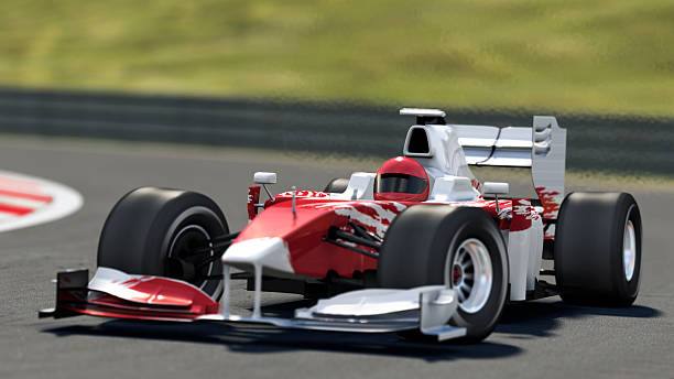 istock Red and white race car on the track 95816001
