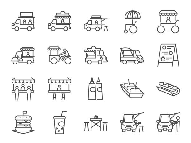 ilustraciones, imágenes clip art, dibujos animados e iconos de stock de conjunto de iconos de camión de comida. incluye los iconos como mercadillo, comida callejera, hamburguesa, hot dog, trailer, negocio, comerciante y más - small business owner