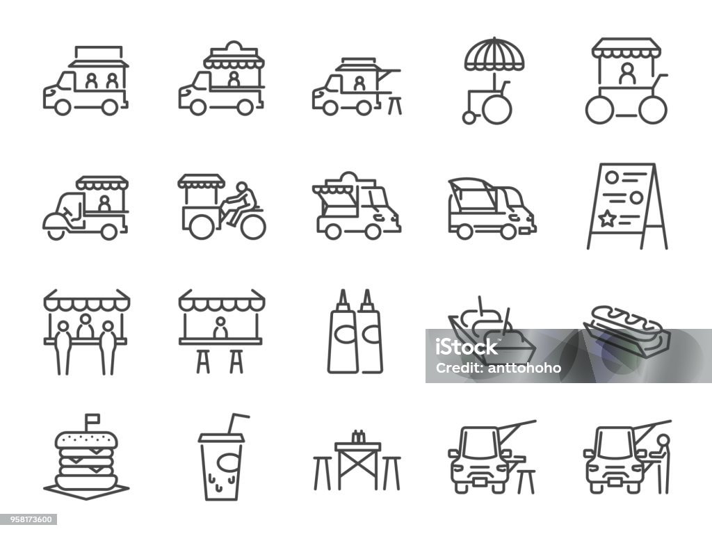 Food truck icon set. Included the icons as flea market, street food, hamburger, hotdog, trailer, business, merchant and more Food truck icon set. Included the icons as flea market, street food, hamburger, hotdog, trailer, business, merchant and more. Food Truck stock vector