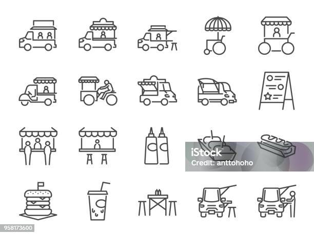 Food Truck Icon Set Included The Icons As Flea Market Street Food Hamburger Hotdog Trailer Business Merchant And More Stock Illustration - Download Image Now