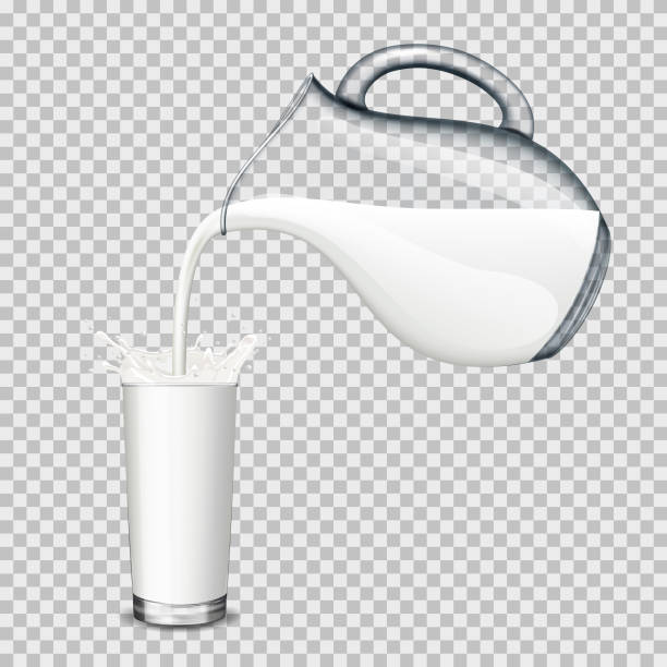 illustrazioni stock, clip art, cartoni animati e icone di tendenza di brocca di vetro e bicchiere da bere con latte su sfondo trasparente, isolato. - jug