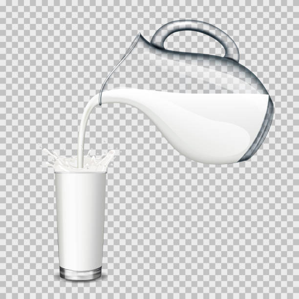 ilustrações de stock, clip art, desenhos animados e ícones de glass jug and drinking glass with milk on transparent background, isolated. - pouring