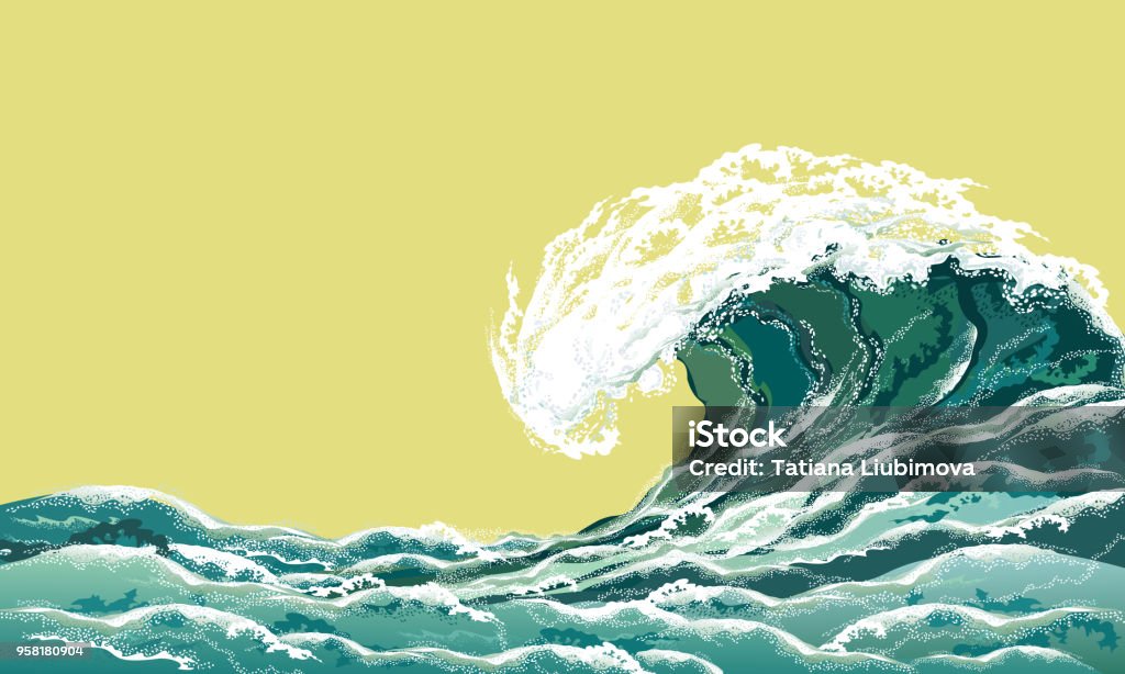 Sea wave, realistic vector illustration. Sea wave. Hand drawn realistic vector illustration in oriental vintage ukiyo-e style. Wave - Water stock vector