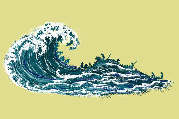 flutwelle, realistische vektor-illustration isoliert auf gelbem hintergrund. - storm tide tide wave high tide stock-grafiken, -clipart, -cartoons und -symbole