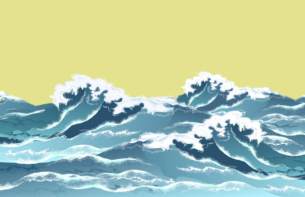 meereswellen im orientalischen vintage ukiyo-e-stil, realistische vektor-illustration. - storm tide tide wave high tide stock-grafiken, -clipart, -cartoons und -symbole