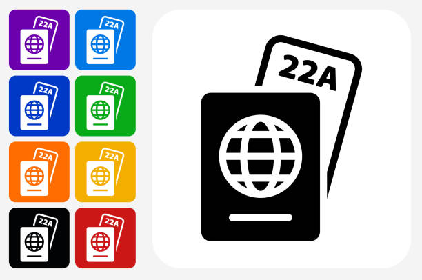여권, 티켓 아이콘 스퀘어 버튼 세트 - passport computer graphic digitally generated image white background stock illustrations