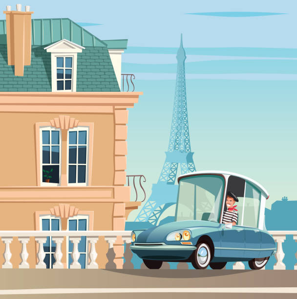 Old French Car On Paris Streets And Eiffel Tower In Background Stock  Illustration - Download Image Now - iStock