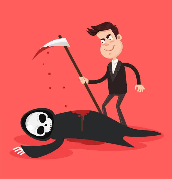 Vector illustration of Man and death characters fight and human person win killing reaper corpse. Struggle fatality combat for life and victory over death concept. Vector flat cartoon isolated graphic design illustration