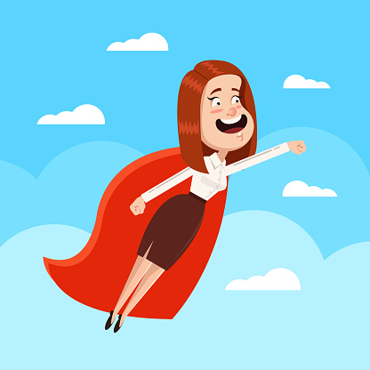 Brave strong woman office worker businesswoman superhero in red cape costume character fly sky. Winner success confidence leadership concept