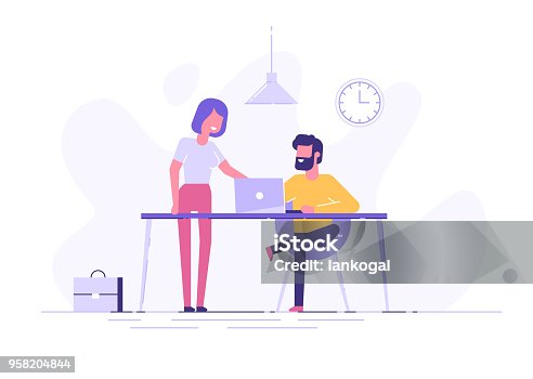 istock Young man is sitting at a desk with computer and his colleague is pointing to a screen and giving advice. Office business concept. Modern vector illustration. 958204844