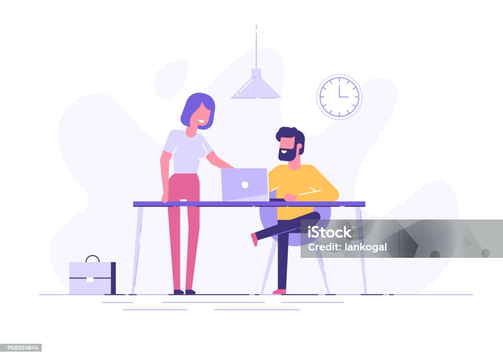 Young man is sitting at a desk with computer and his colleague is pointing to a screen and giving advice. Office business concept. Modern vector illustration. Advice stock vector