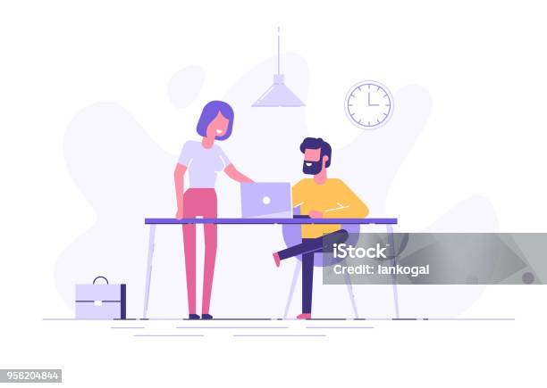 Young Man Is Sitting At A Desk With Computer And His Colleague Is Pointing To A Screen And Giving Advice Office Business Concept Modern Vector Illustration Stock Illustration - Download Image Now