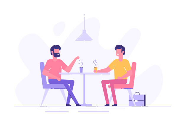 Two male colleagues chatting during coffee breaks at a table in a cafe. Modern flat vector illustration. Two male colleagues chatting during coffee breaks at a table in a cafe. Modern flat vector illustration. two people illustrations stock illustrations