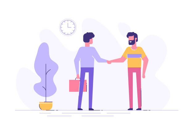 Two confident young men are shaking hands together in an office. Business consept. Modern flat illustration. Two confident young men are shaking hands together in an office. Business consept. Modern flat illustration. greeting illustrations stock illustrations