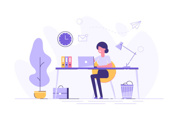 Beautiful businesswoman using laptop while sitting at her desk. Office workplace interior. Flat vector illustration. Beautiful businesswoman using laptop while sitting at her desk. Office workplace interior. Flat vector illustration. entrepreneur illustrations stock illustrations