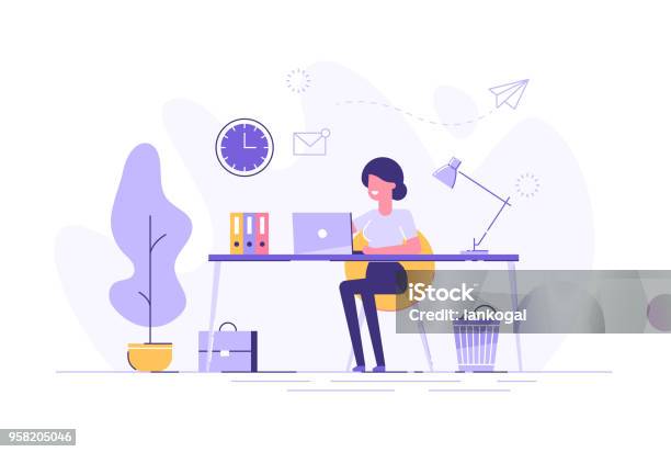 Beautiful Businesswoman Using Laptop While Sitting At Her Desk Office Workplace Interior Flat Vector Illustration Stock Illustration - Download Image Now