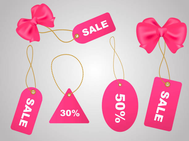 ilustrações de stock, clip art, desenhos animados e ícones de set of pink labels for sale with pink bow. vector illustration. - label price tag price blank