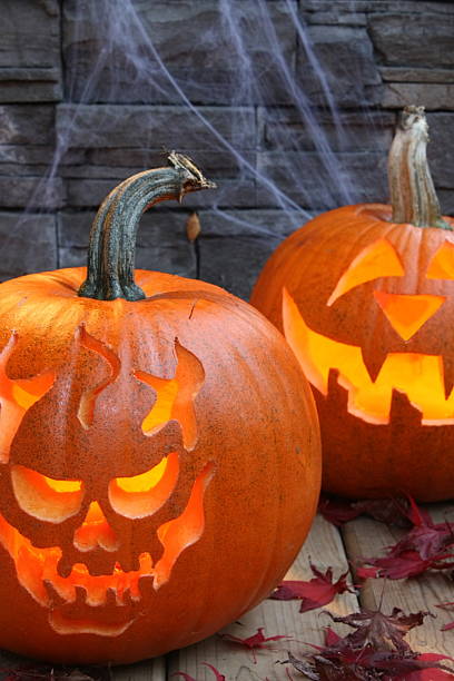 istock Carved pumpkins, 2 lit Halloween theme 95821497