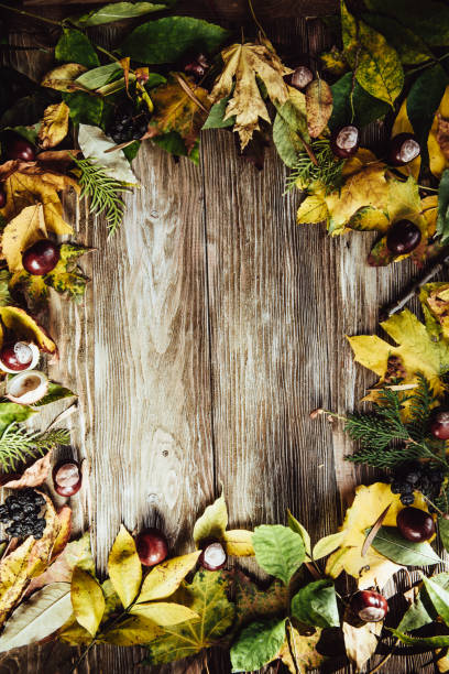 istock Autumn wooden background with maple leaves with copy space 958218384