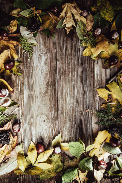 istock Autumn wooden background with maple leaves with copy space 958218490