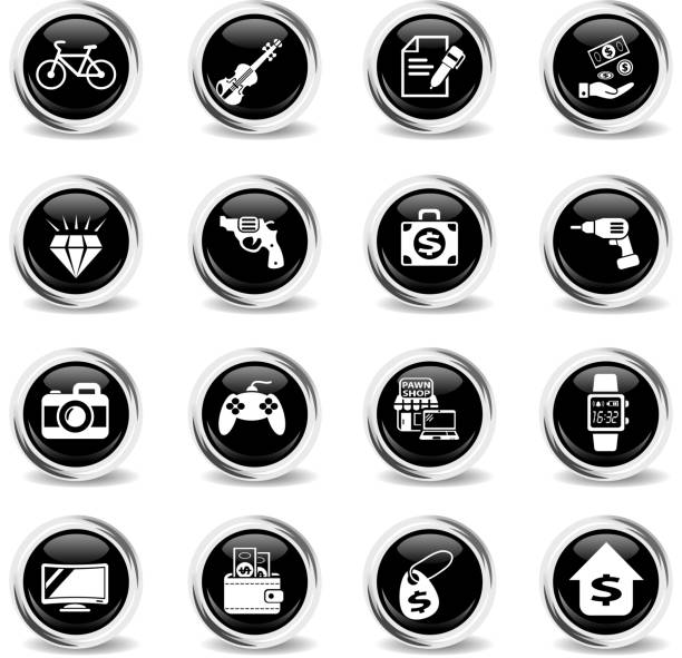 pawn shop icon set pawn shop web icons - black round chrome buttons wallet gun stock illustrations