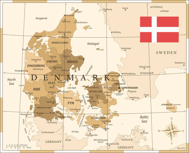 25 - Denmark - Vintage Golden 10 Map of Denmark - Vintage Vector illustration aalborg stock illustrations
