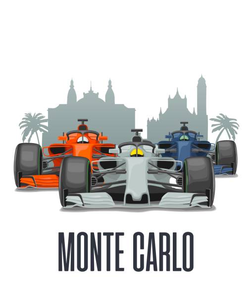 ilustrações, clipart, desenhos animados e ícones de cityline monte carlo e três carros de corrida no gp de mônaco. - grand prix