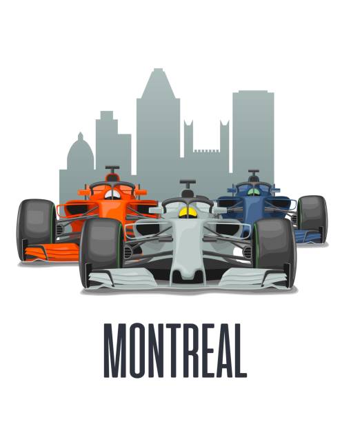 ilustrações, clipart, desenhos animados e ícones de cityline montreal e três carros de corrida no gp canadá. - grand prix