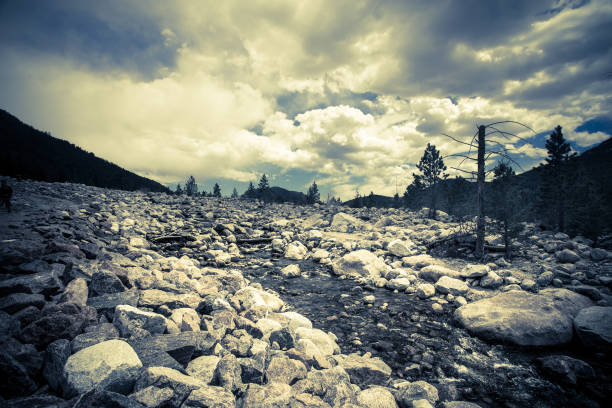 View from Rocky Mountain National Park in Colorado with stream over rock landscape, mountains and ominous sky. Image has vintage tone filter.
