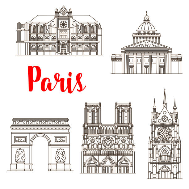 ilustrações, clipart, desenhos animados e ícones de marcos famosos de paris vetor ícones de edifícios - pantheon paris paris france france europe