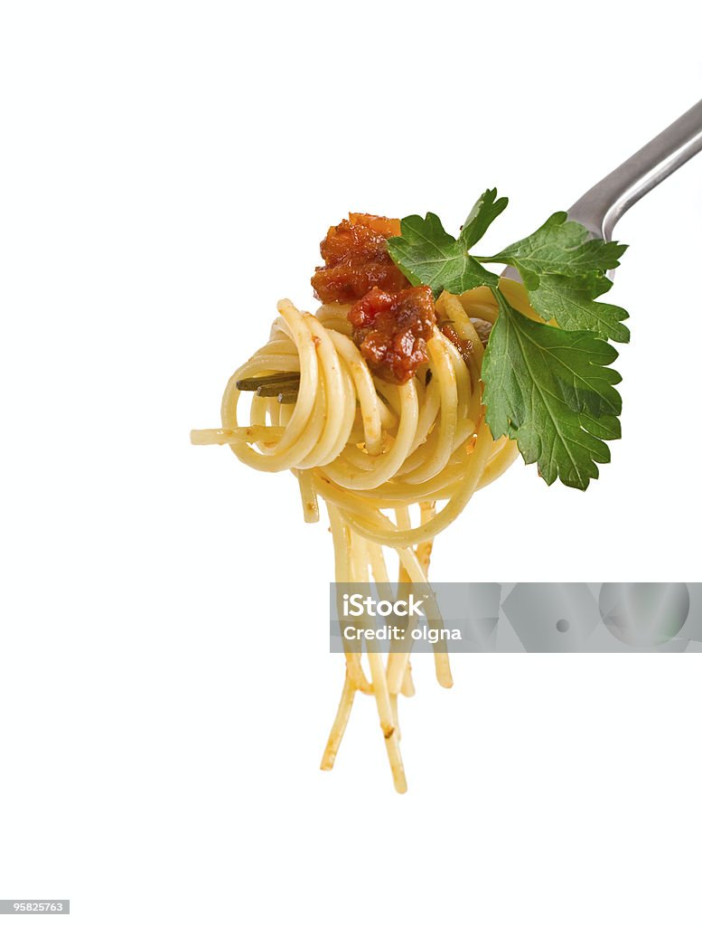 spaghetti z sosem bolognese na Widelec - Zbiór zdjęć royalty-free (Bez ludzi)