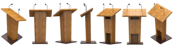 podium with microphone 3d rendering wooden podium with microphone isolated on white wood podium stock pictures, royalty-free photos & images