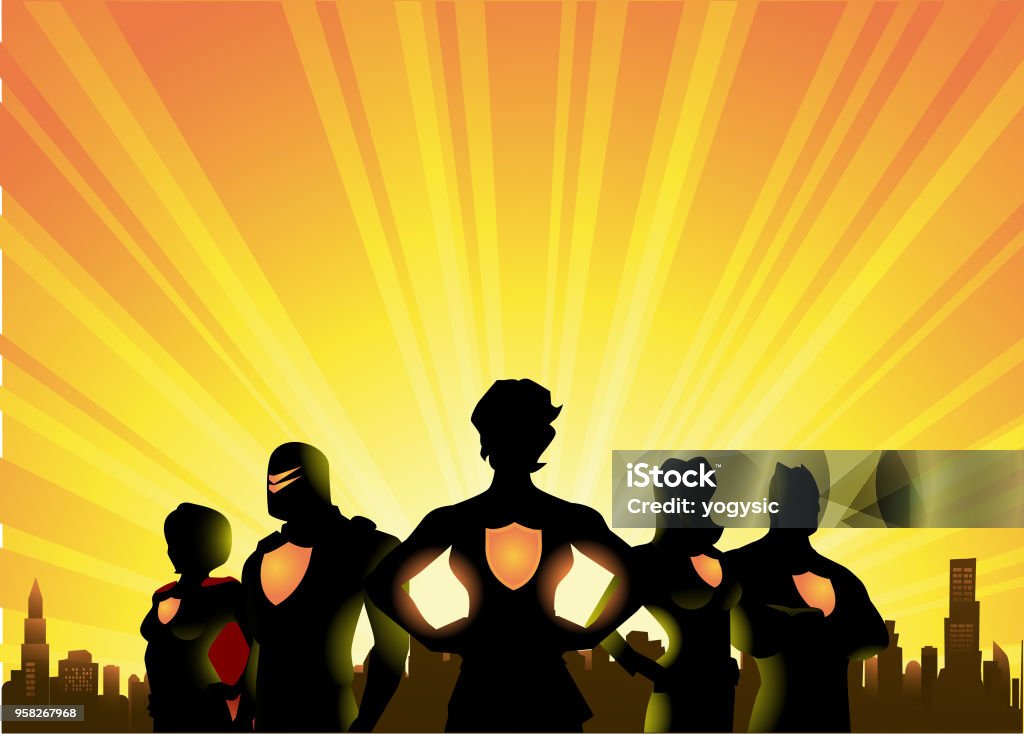 Vector Superheroes Silhouette with City Skyline and Sunburst Background A silhouette style illustration of a team of superheroes with female leader with city skyline and sunburst in the background. Wide space available for your copy. Superhero stock vector
