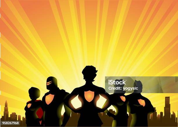 Vector Superheroes Silhouette With City Skyline And Sunburst Background Stock Illustration - Download Image Now