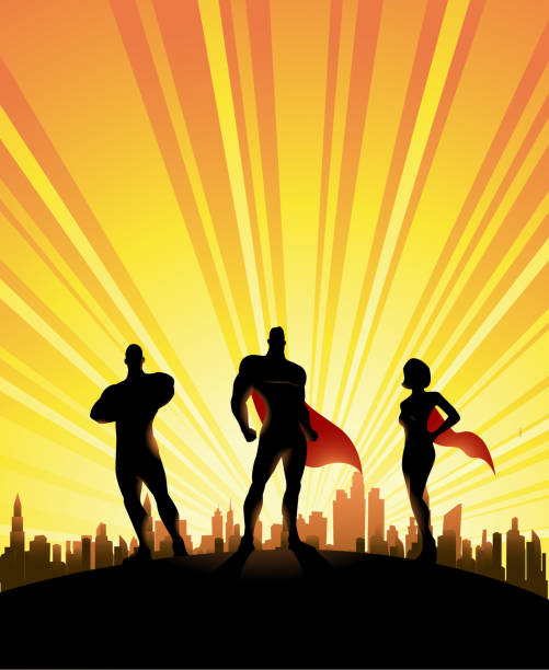 illustrations, cliparts, dessins animés et icônes de vector trois super-héros silhouette avec city skyline fond - superhero human muscle men city