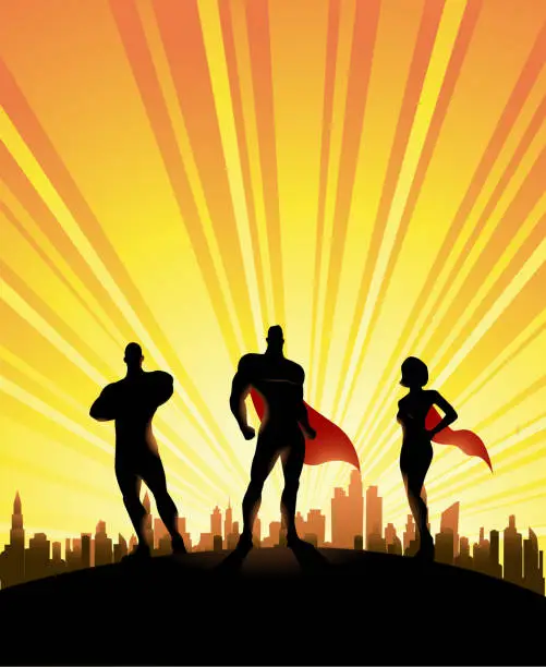 Vector illustration of Vector Three Superheroes Silhouette with City Skyline Background